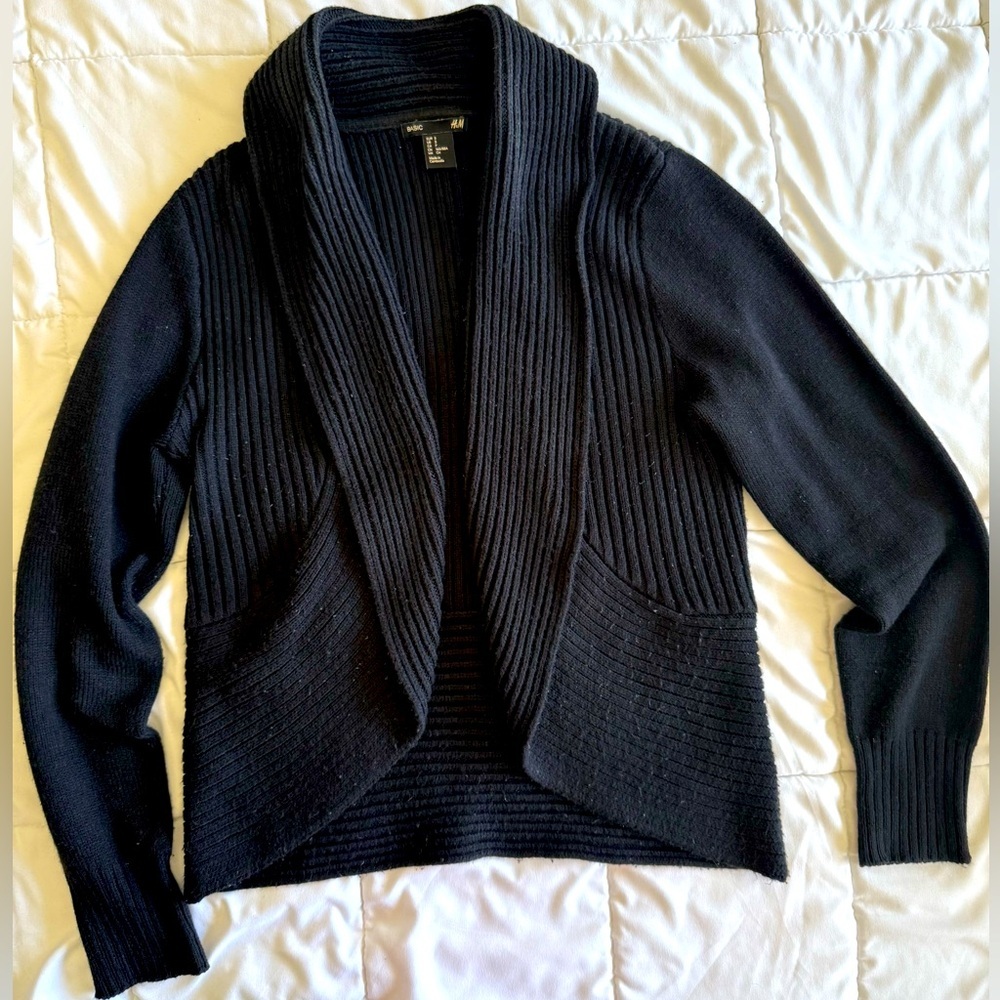 H&M Black Chunky Knit Cardigan with Shawl Collar